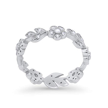 Leaf Design Ring Round Eternity Simulated Cubic Zirconia 925 Sterling Silver